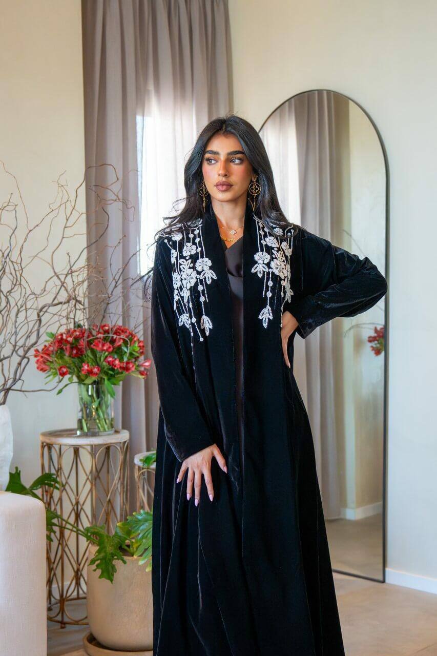 Black velvet abaya with white embroidery C:6570