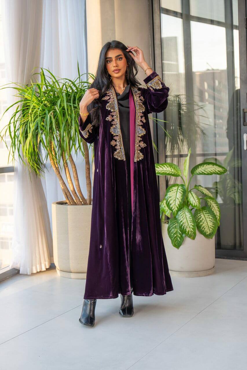 Velvet abaya in purple color with embroidery C:6578 Purple