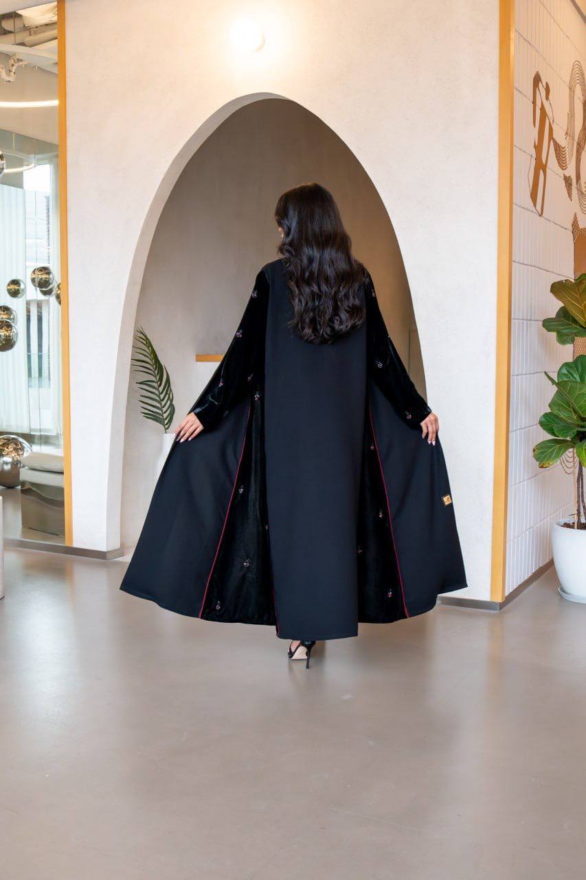 Crepe abaya with black velvet and hand embroidery C:6560 Black
