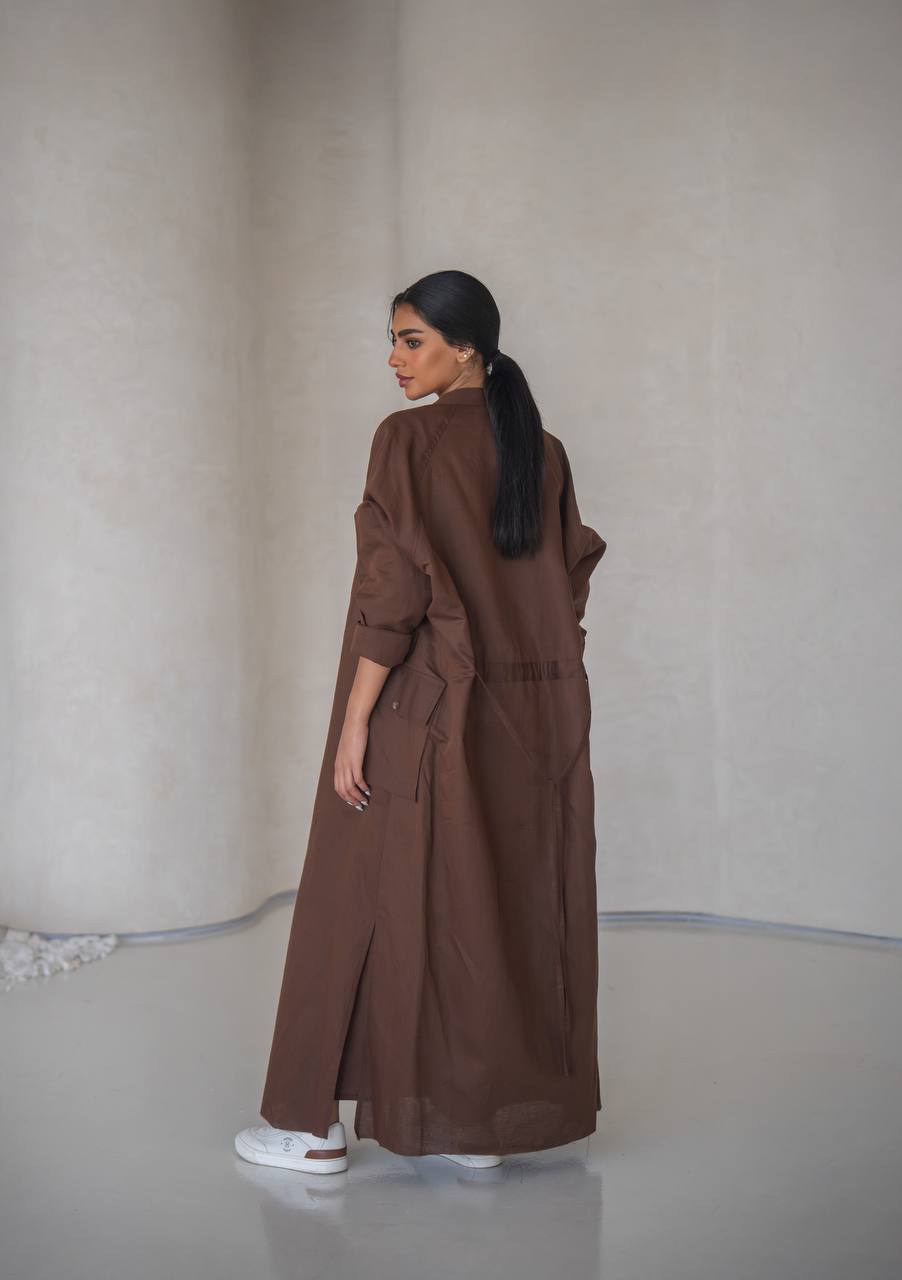 Brown linen abaya with inner set C:6639 Brown