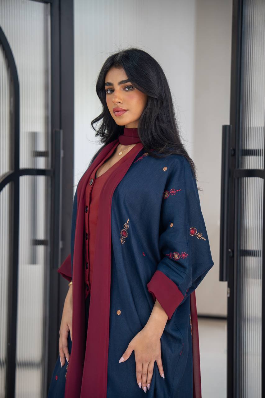 Navy linen abaya with embroidery C:6622