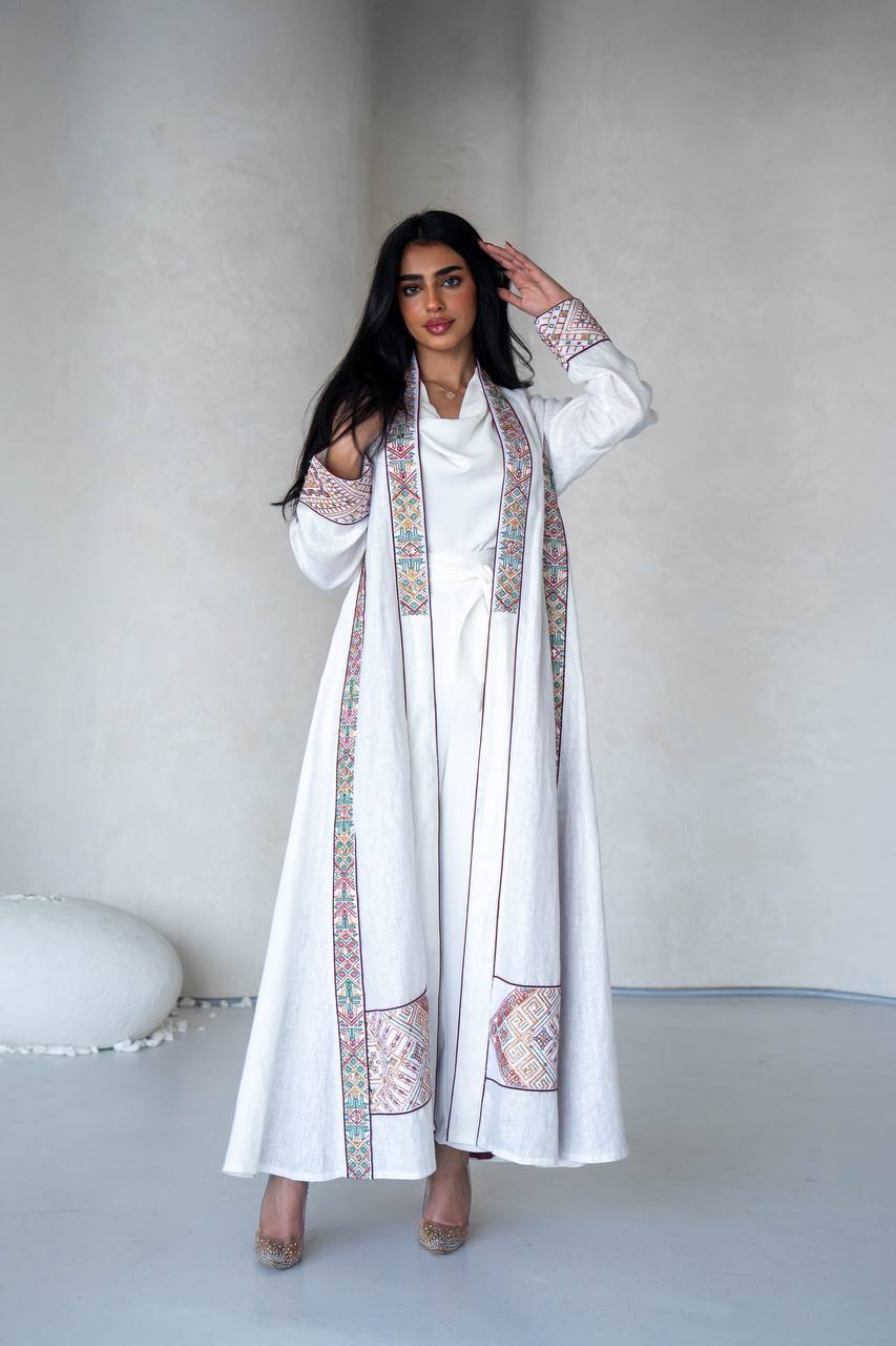 White Lenin Abaya with embroidery C:6589 White