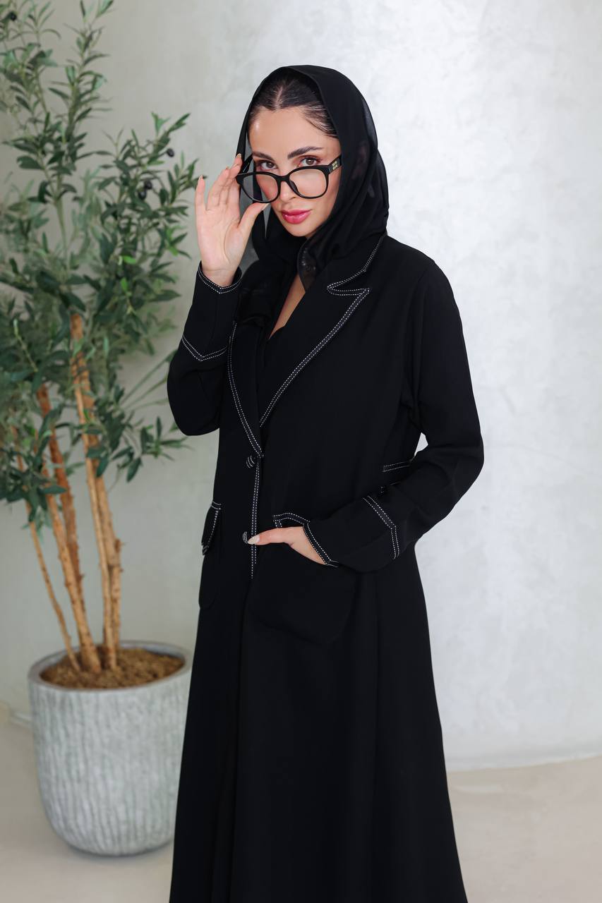 Crepe blazer abaya in black with embroidery.C:6667