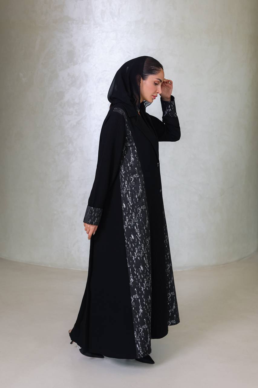 ‏Black crepe abaya with jacquard C:6677