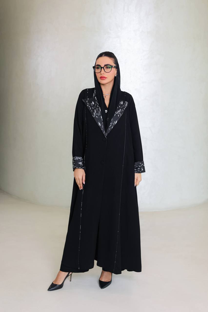 ‏Elegant Black Crepe Abaya with Jacquard Details C:6678