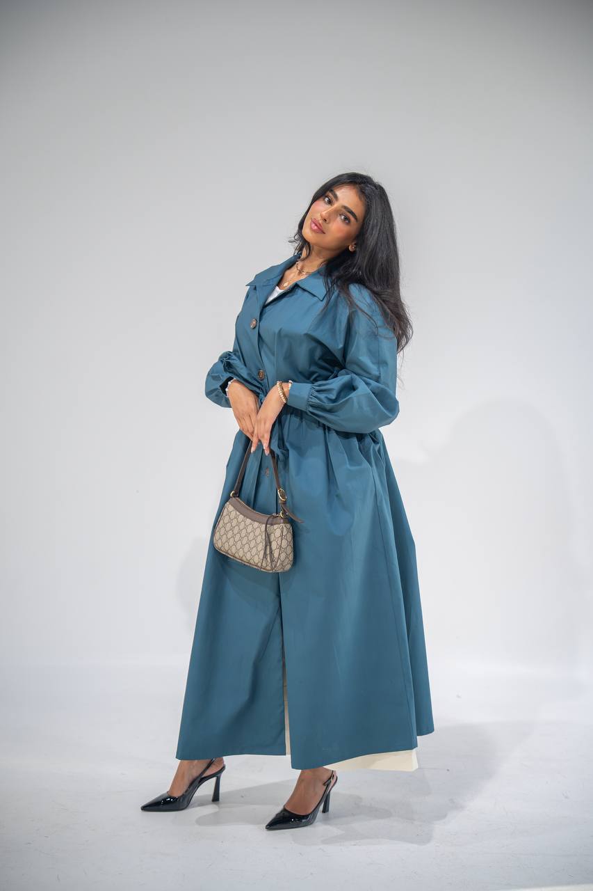 Free size trench coat in blue. C:6685 Blue