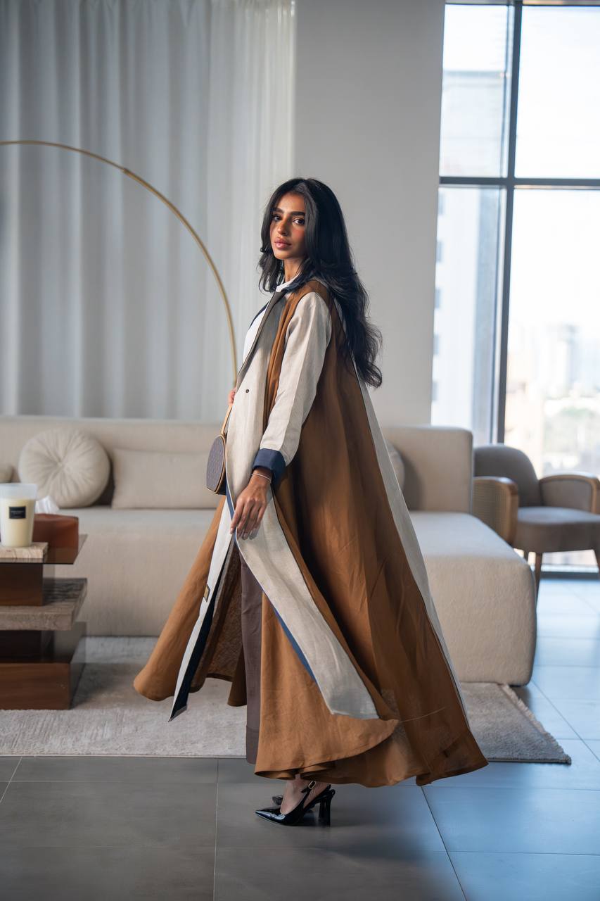 Beige and camel linen abaya. C:6686