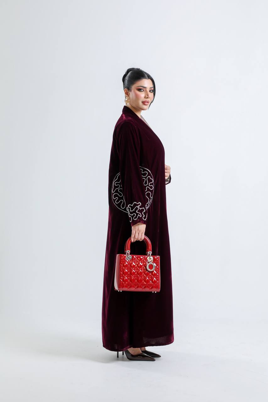 Burgundy and beige velvet abaya with hand embroidery. C:6724