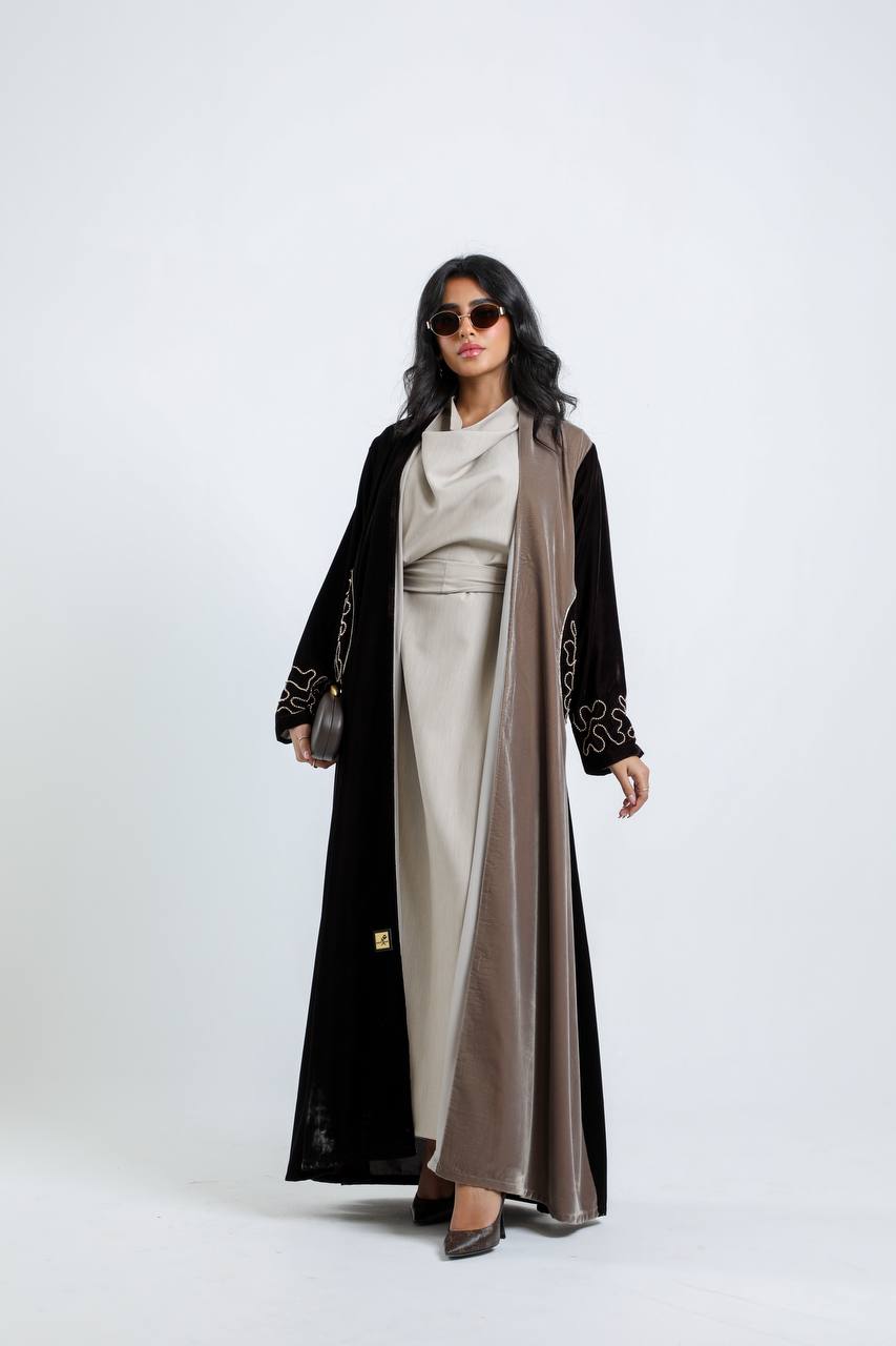 A velvet abaya in brown and beige with hand embroidery.C:6724