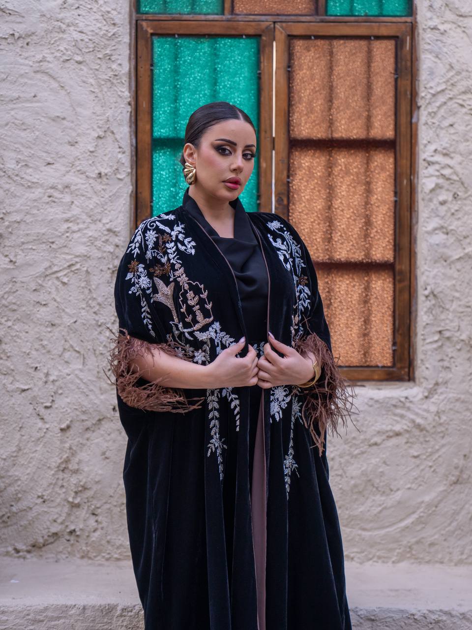 Velvet bisht and jumpsuit set in black with hand embellishment.C:6719