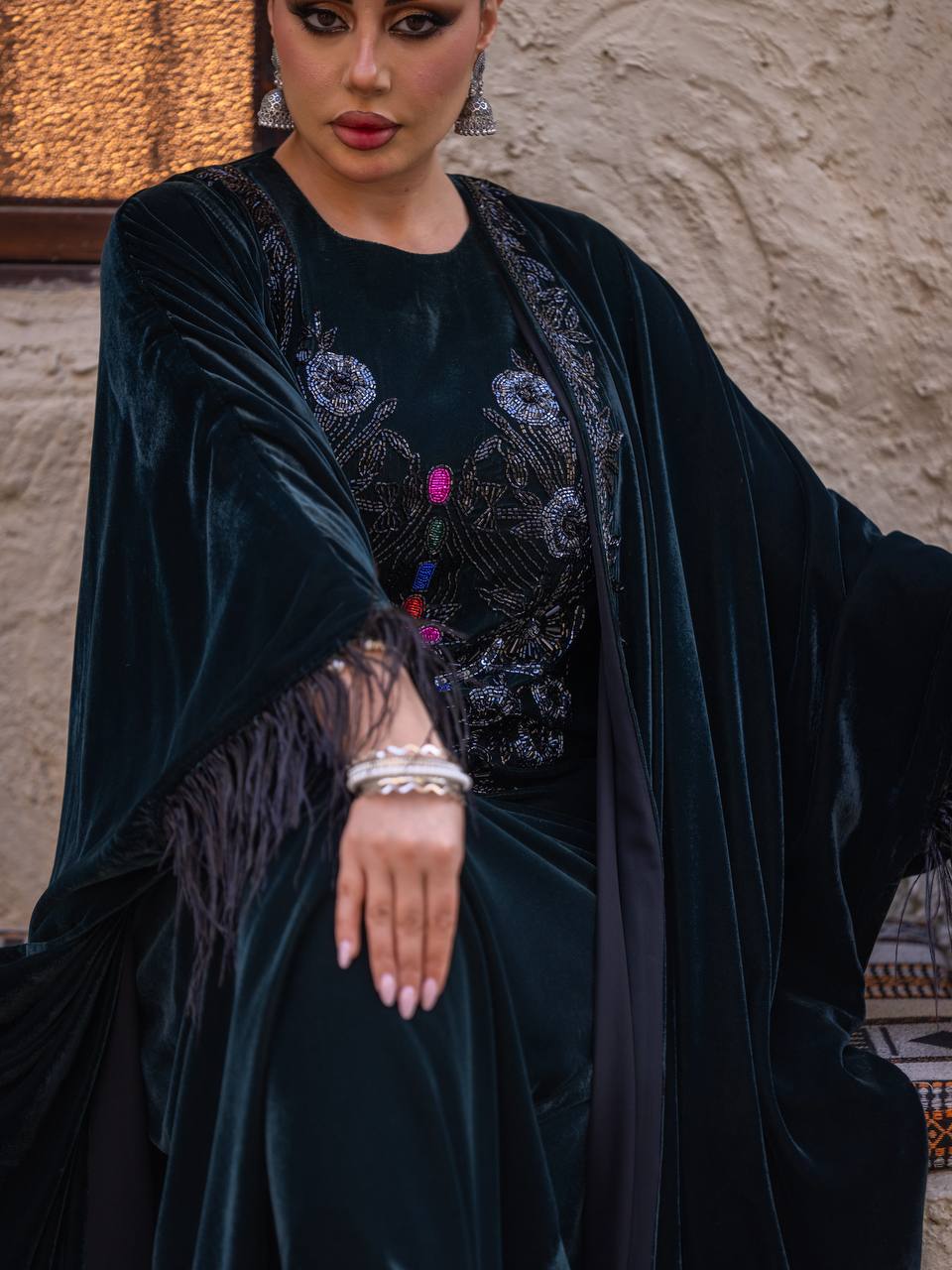 A set of bisht and dress, velvet in olive green with hand embroidery..C:6716