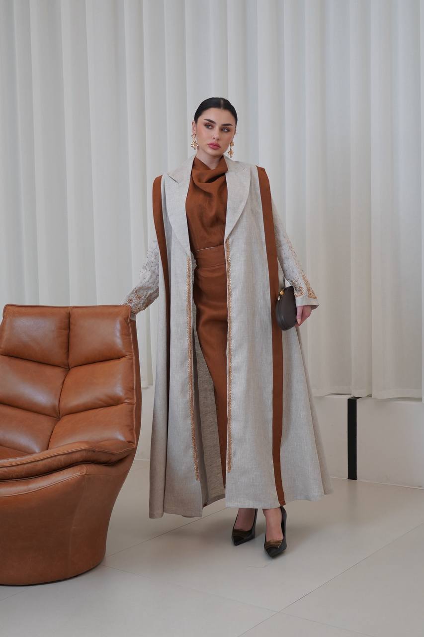 Beige linen blazer abaya with hand-stitched details.C:6751