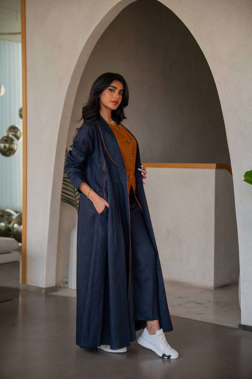 Navy blue linen abaya with inner set C:6633 Blue