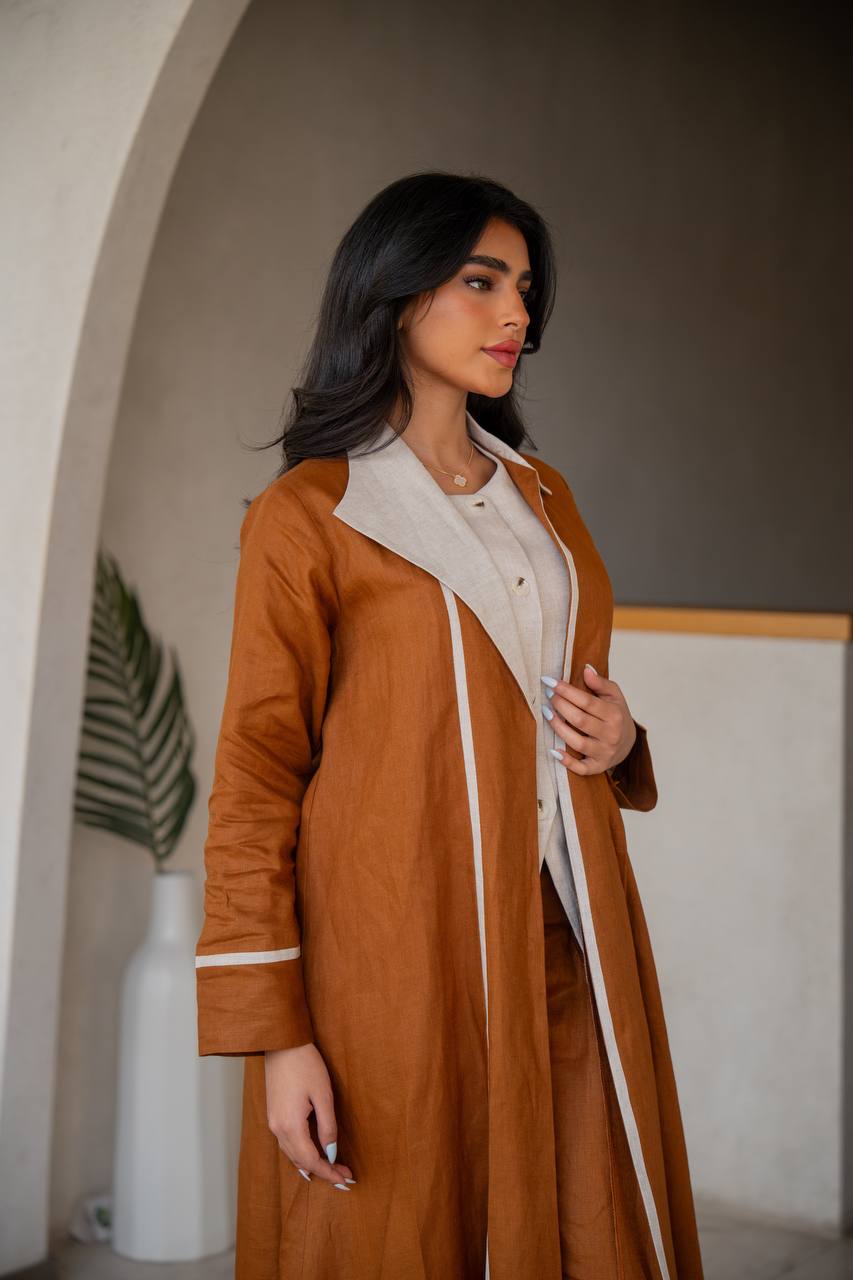 Abaya with inner set made of linen in camel and beige C:6636