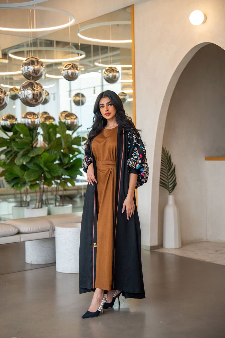 Free size black linen abaya with embroidery C:6631 Blue (Free size)