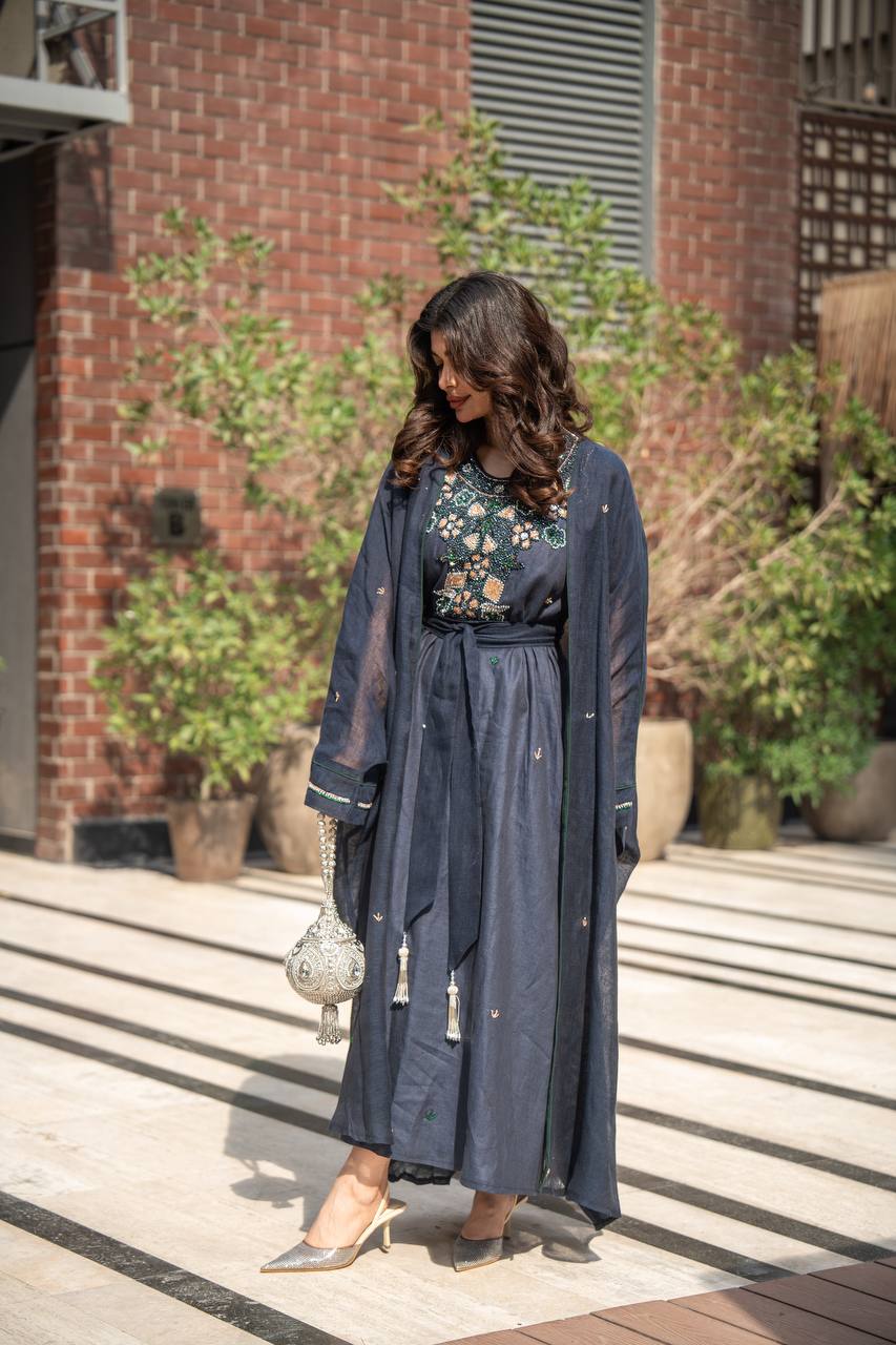 Bisht made of hessian material and linen dress, in navy blue with hand embroidery C:6619