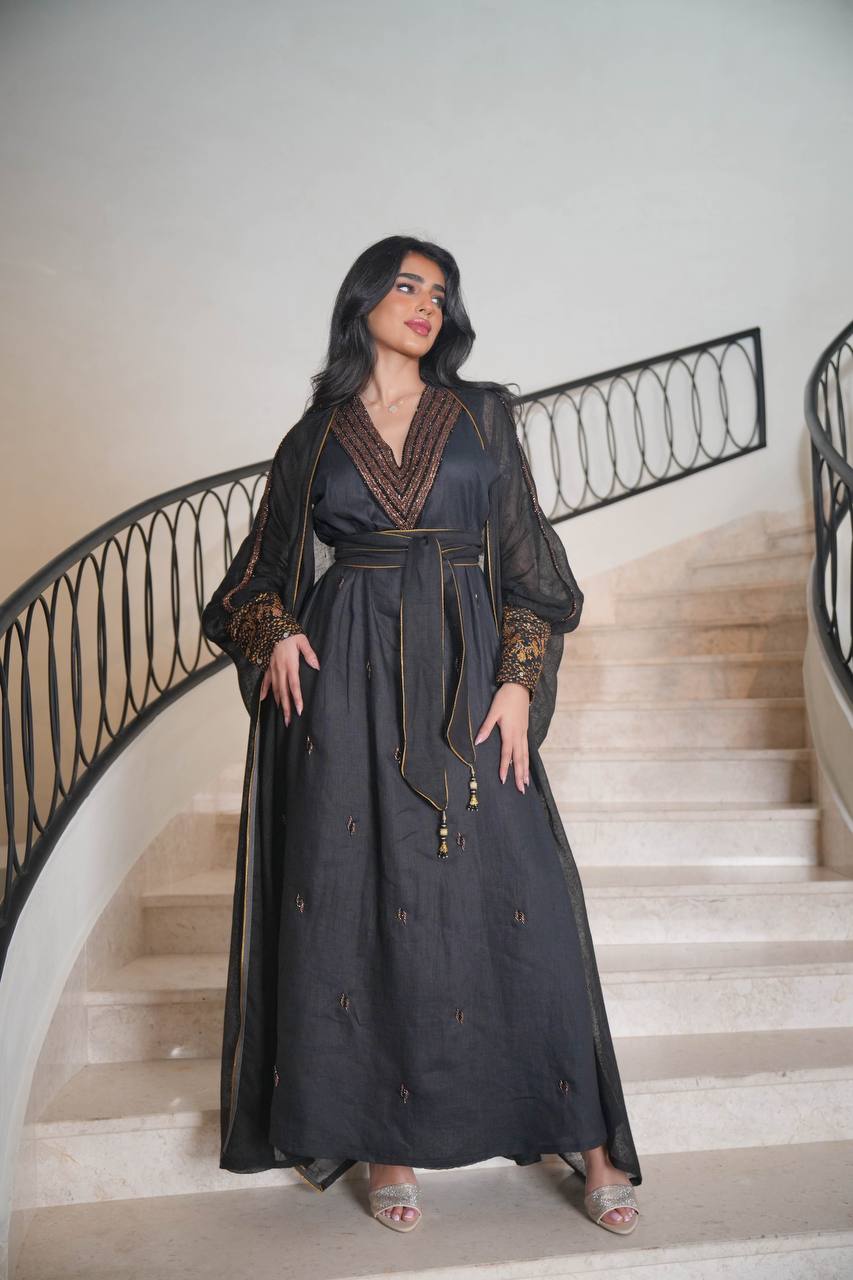 Burlap Bisht with Black Linen Dress with Hand Embroidery C:6613