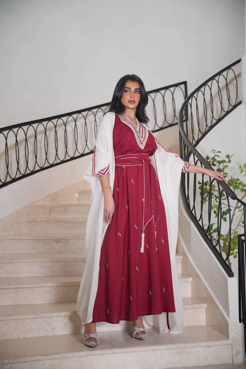 White burlap bisht with burgundy linen dress with embroidery C:6613