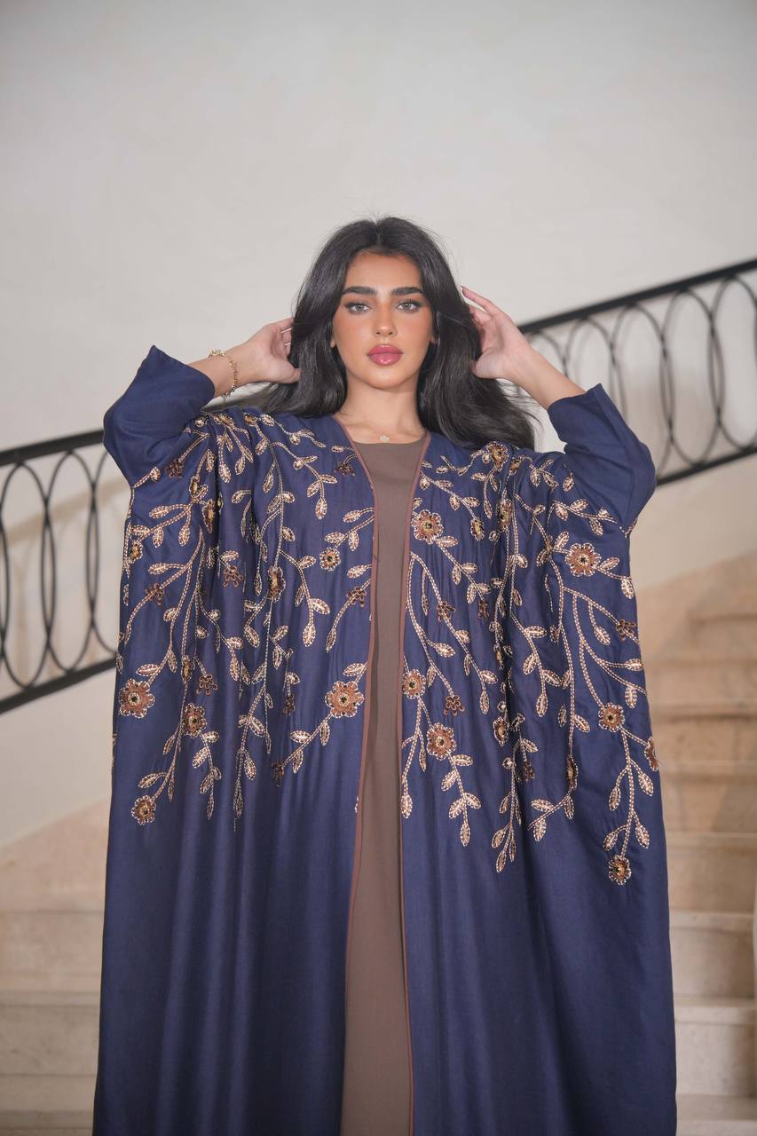 Navy Linen Bisht with Embroidery C:6595 (Free size)