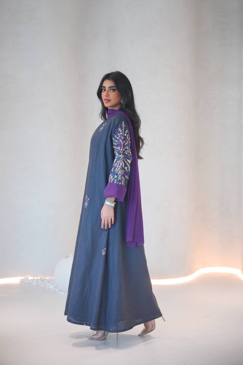 Navy linen abaya with embroidery C:6603