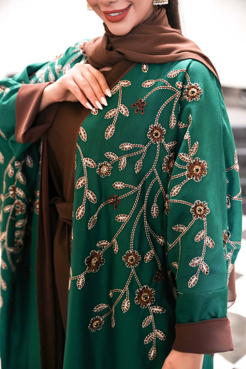 Green linen bisht abaya with embroidery C:6595 Green