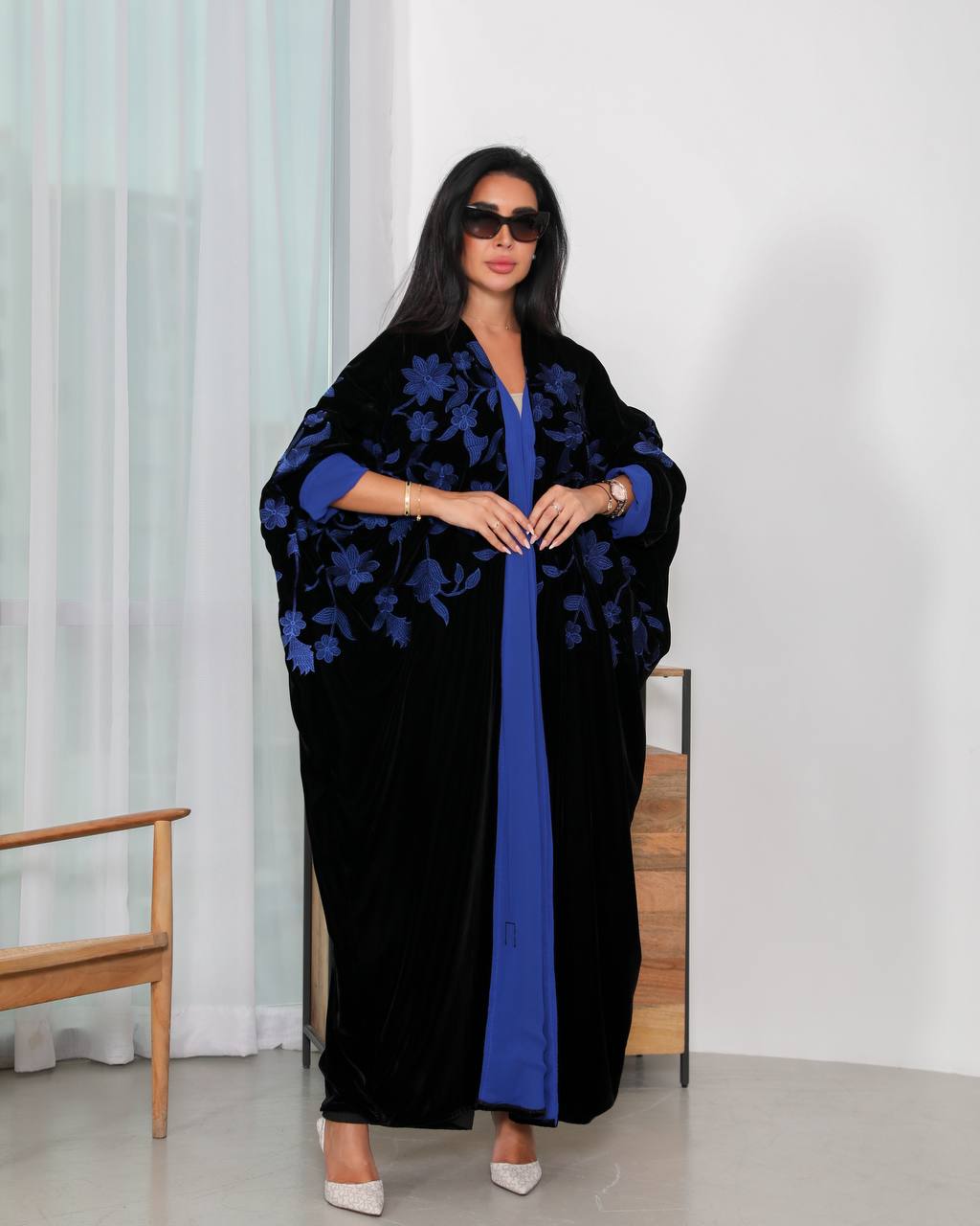 Abaya Black Velvet Blue Embroidered Besht 6340Blue (Free size)
