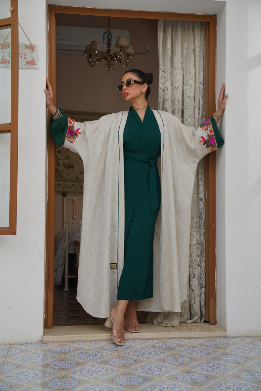 Beige Linen Bisht Abaya with Hand Embroidery C:6408 (Free size)