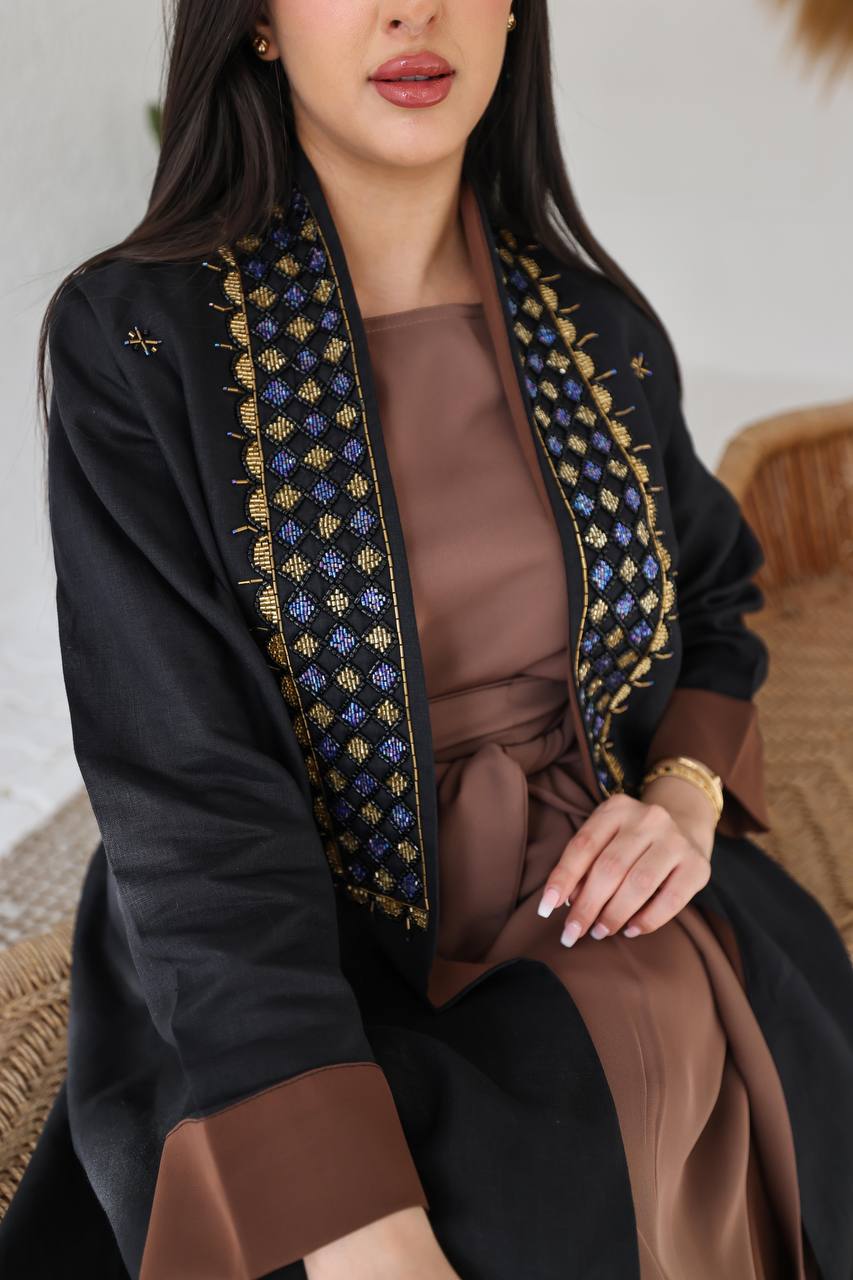 ABAYA BLACK LINEN WITH HANDMADE BEAT C:6426