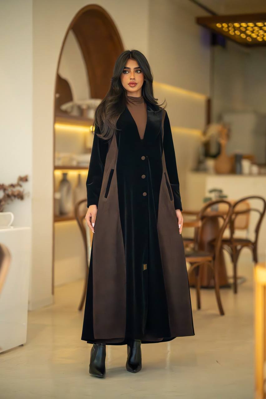 Velvet Abaya Black Crepe and Ribbed Velvet Brown C:6582 Brown