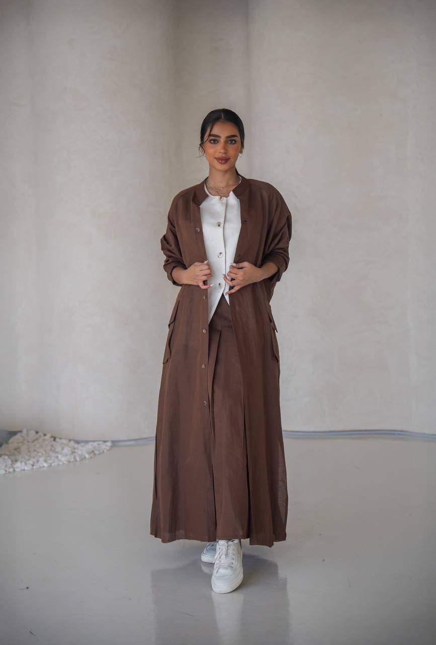 Brown linen abaya with inner set C:6639 Brown
