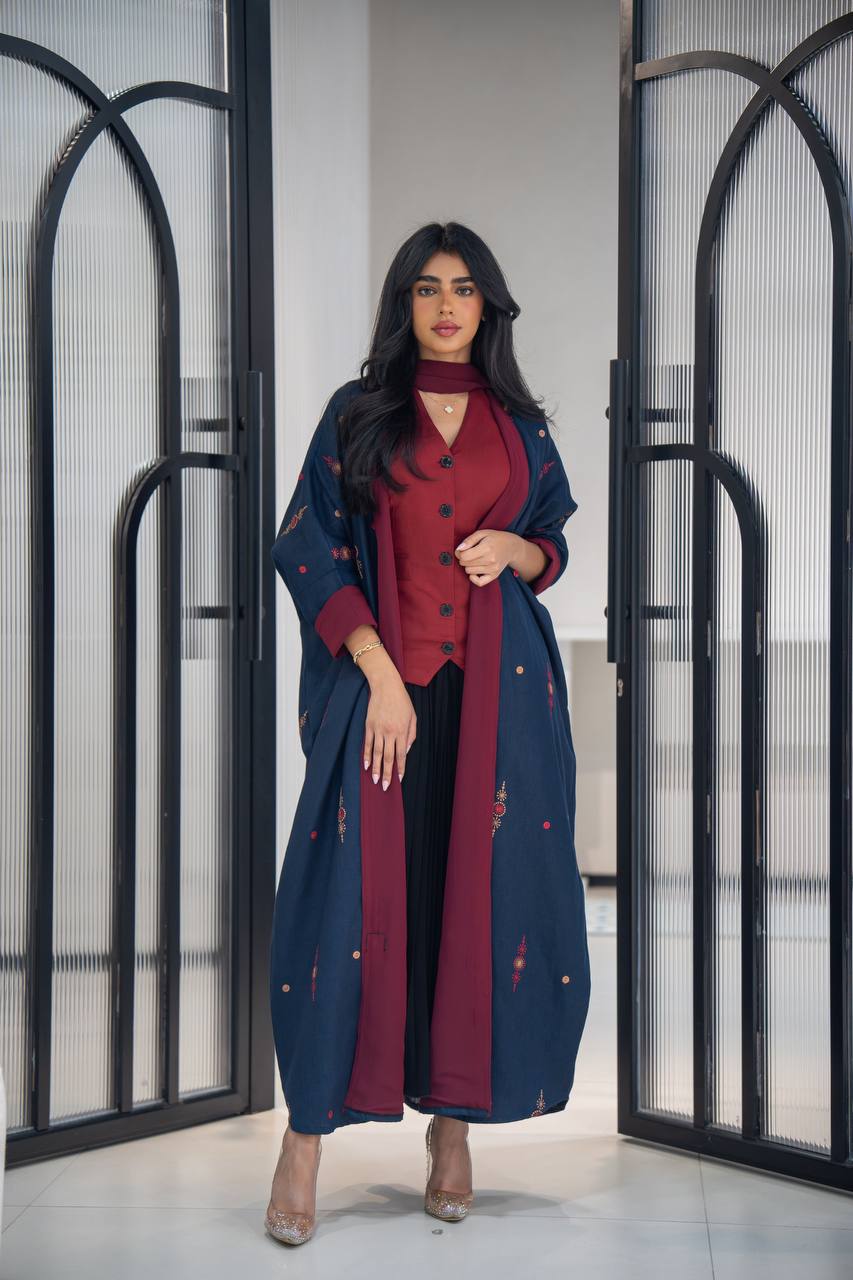 Navy linen abaya with embroidery C:6622