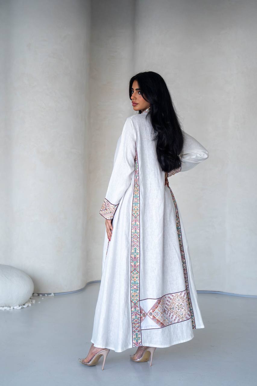 White Lenin Abaya with embroidery C:6589 White