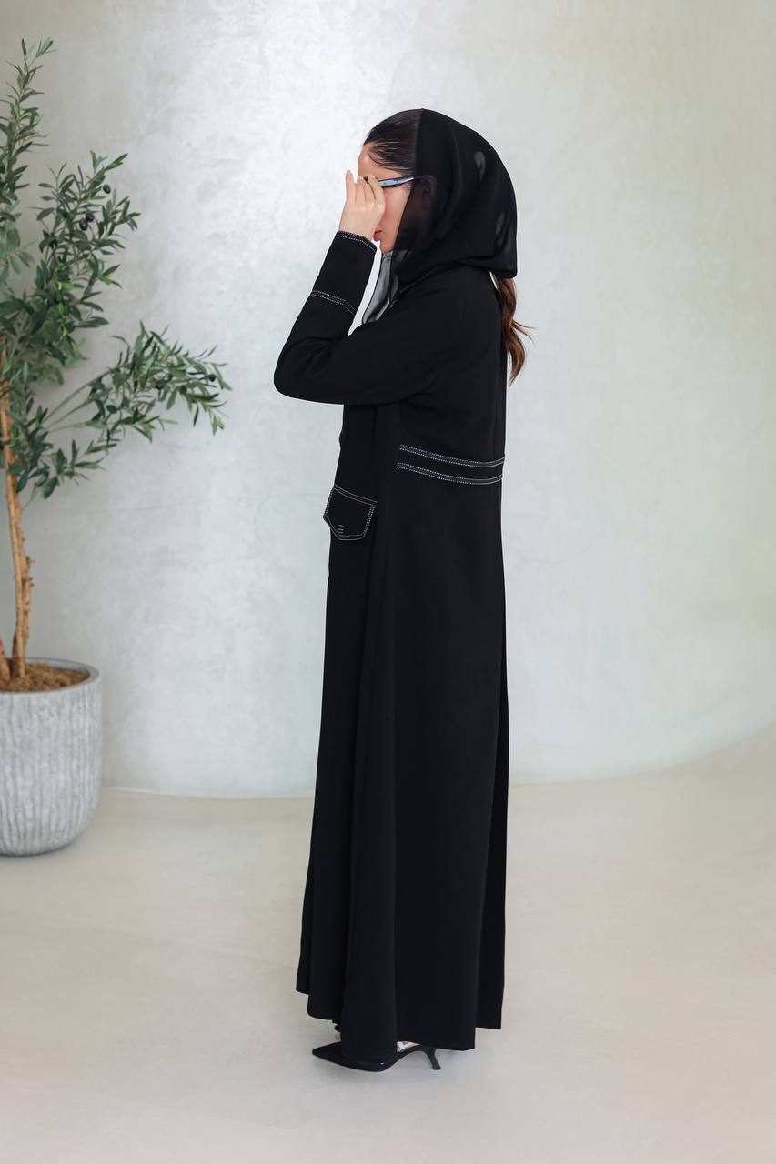 Crepe blazer abaya in black with embroidery.C:6667