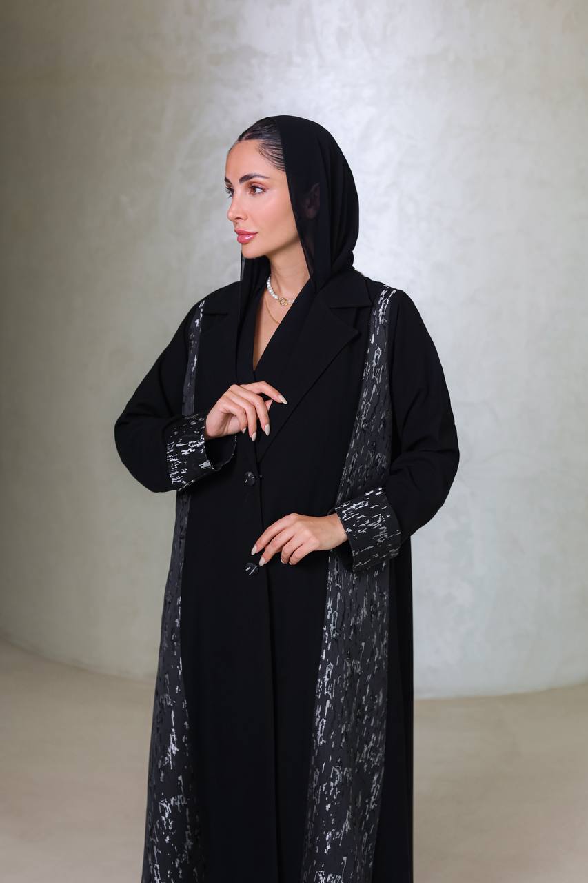 ‏Black crepe abaya with jacquard C:6677