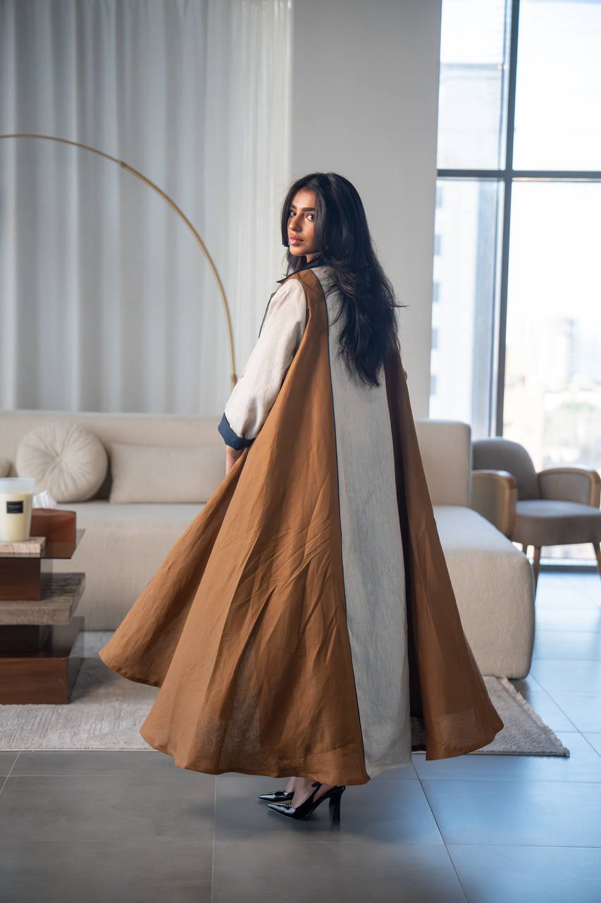 Beige and camel linen abaya. C:6686