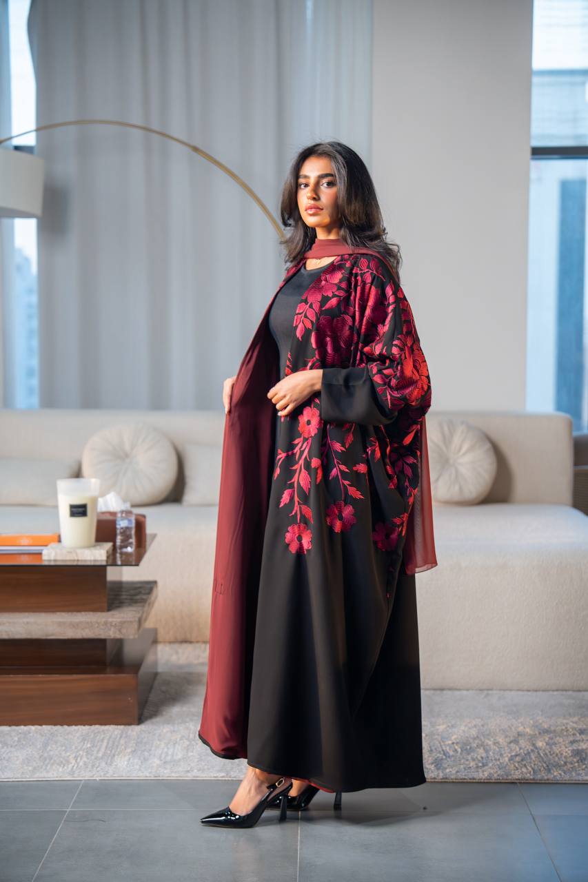 Black crepe abaya with red embroidery.C:6689