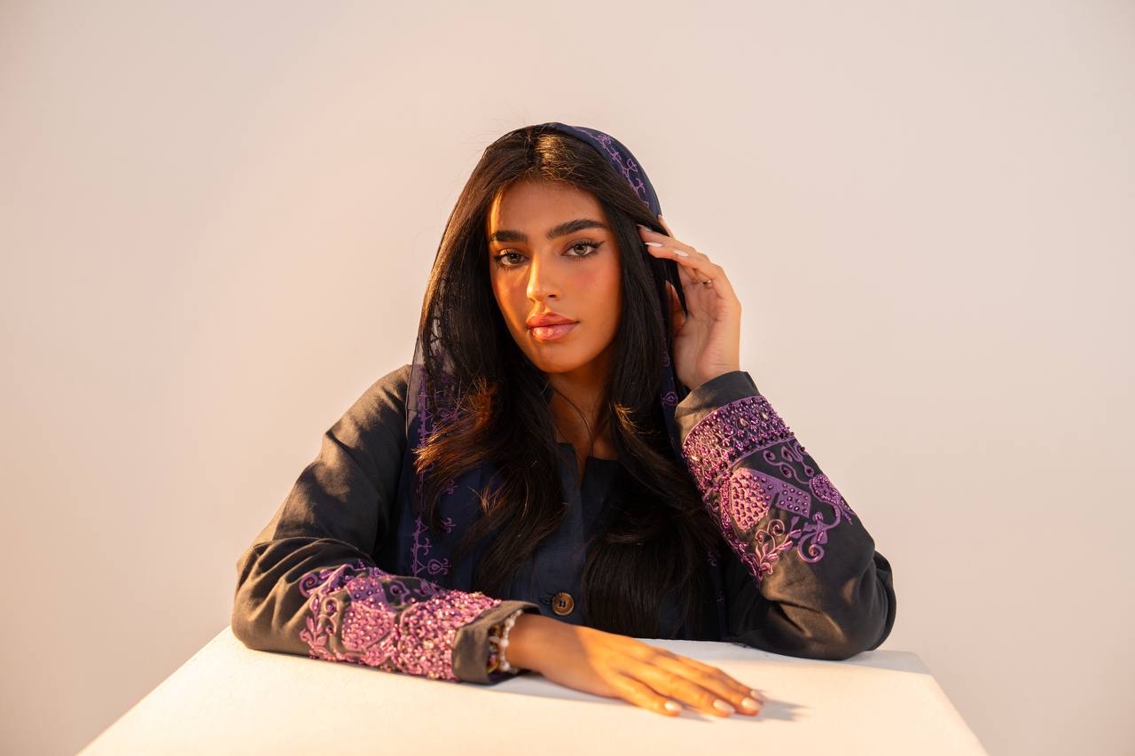 Navy blue linen abaya with purple embroidery. C:6691