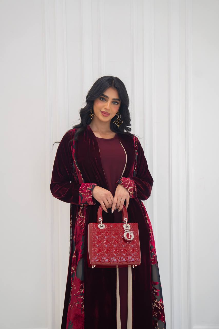 Burgundy velvet abaya. C:6573