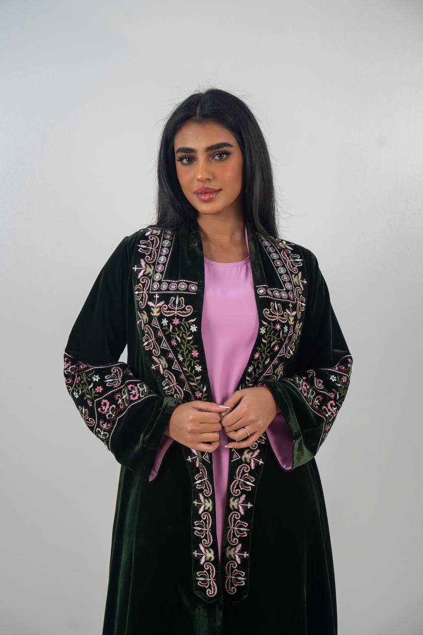 Embroidered velvet abaya, olive green. C:6708