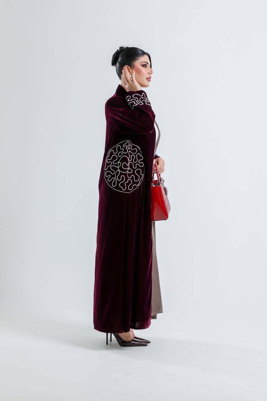 Burgundy and beige velvet abaya with hand embroidery. C:6724