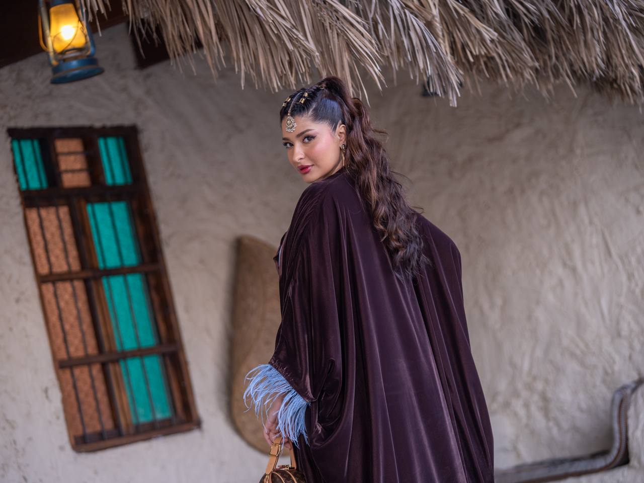 Bisht and dress set in brown velvet with hand embellishment.C:6718