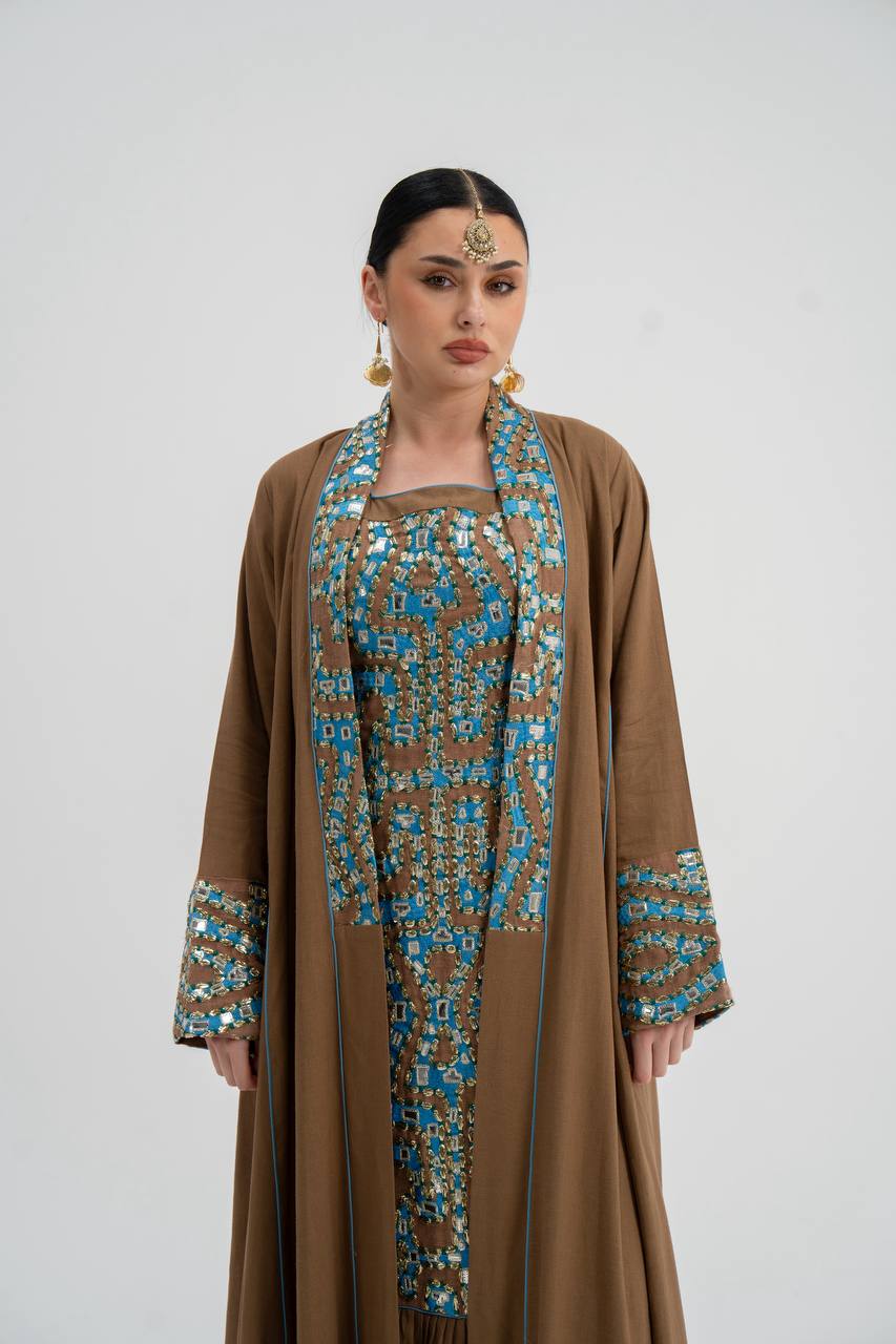 Linen abaya with embroidery (with inner set). C:6743