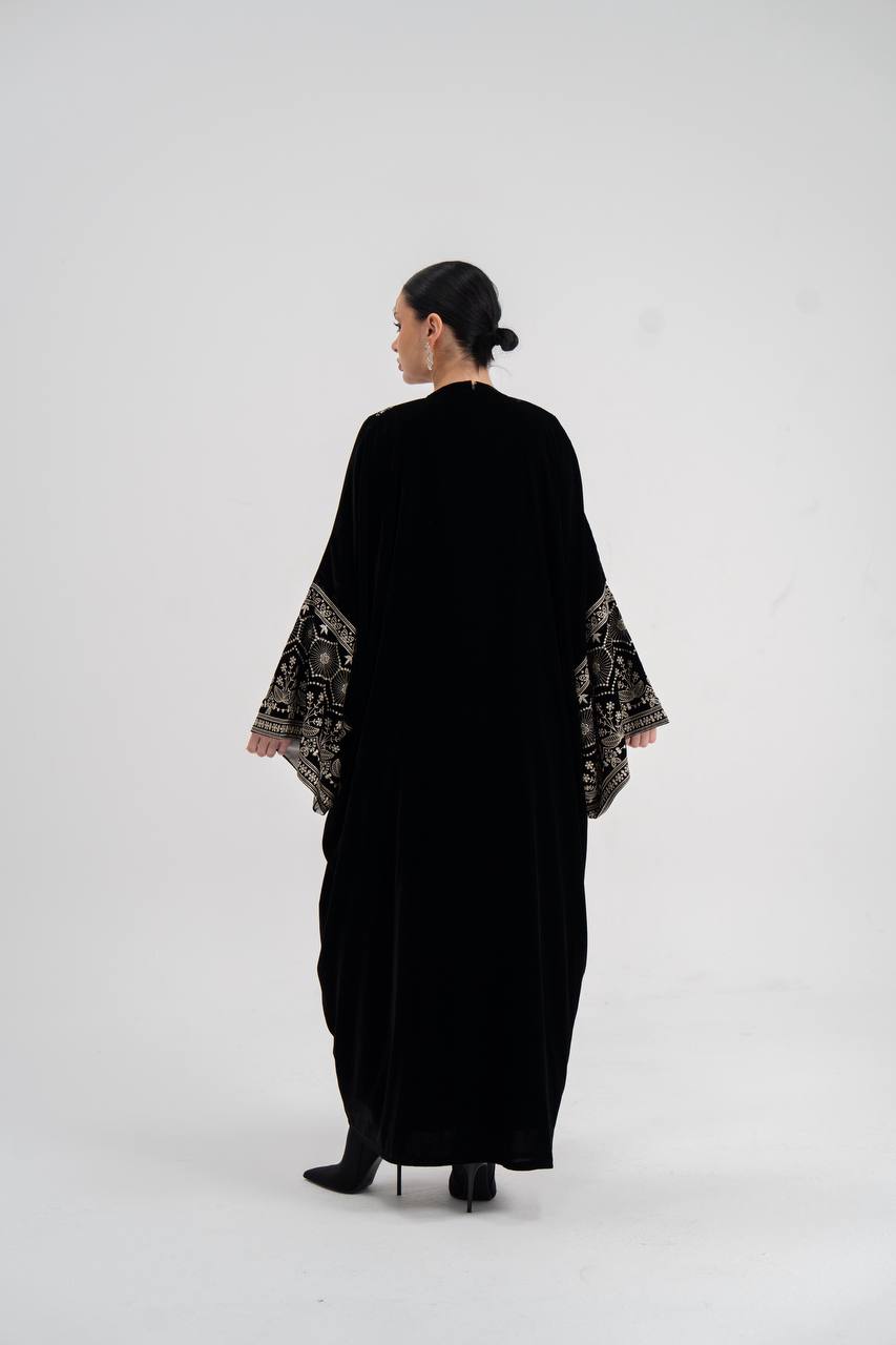 Black velvet abaya with embroidery (with inner set). C:6744
