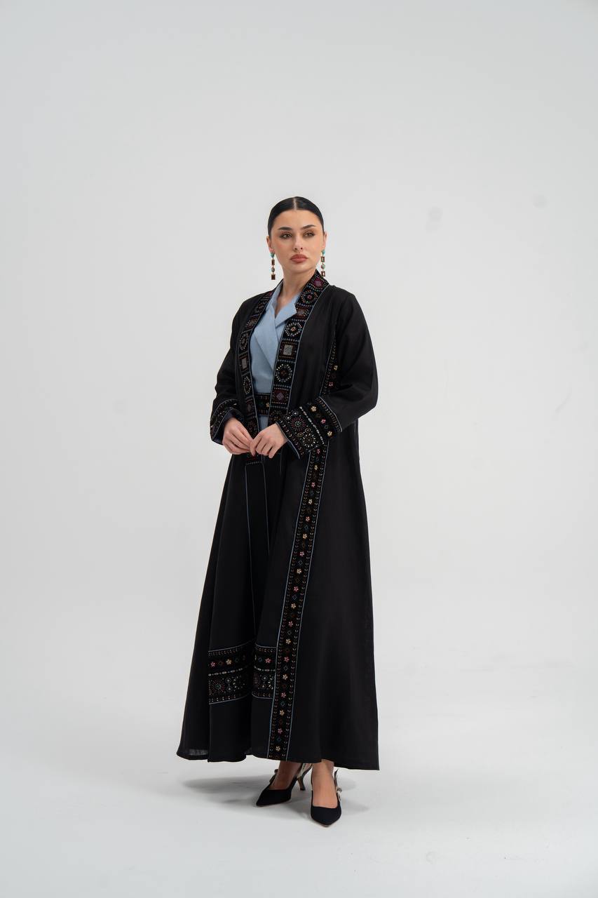 Linen abaya in black with embroidery.C:6746