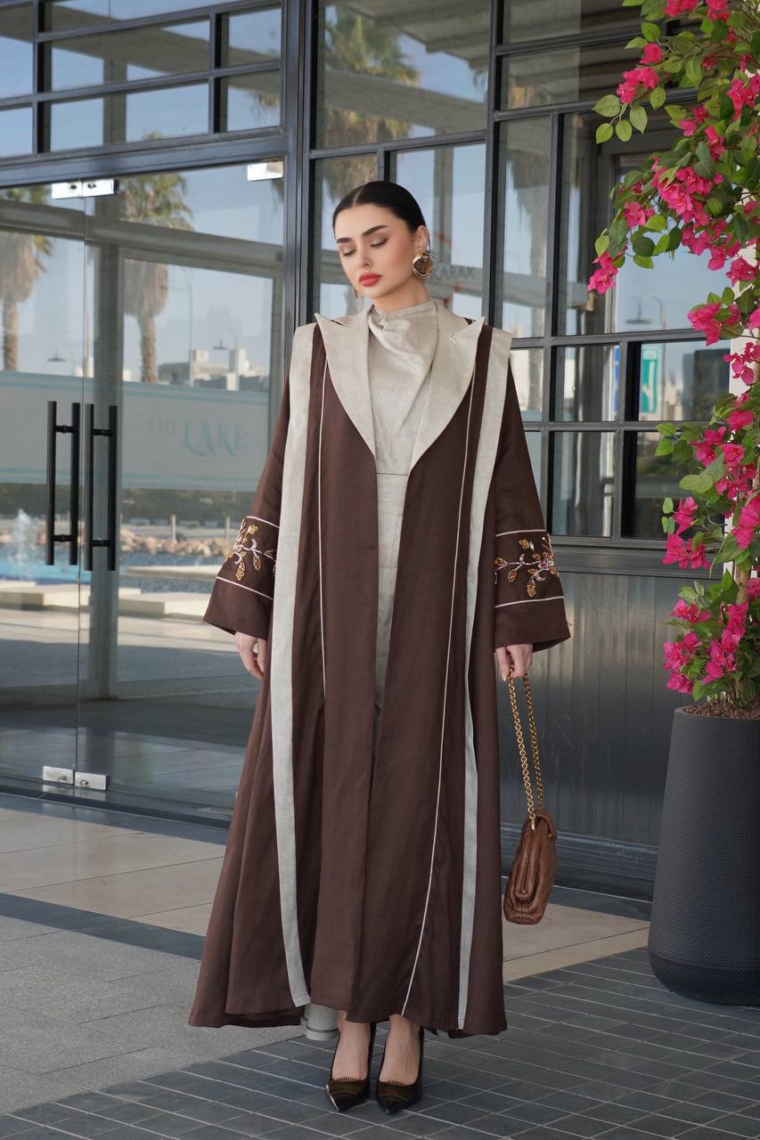 Brown linen blazer abaya with hand-stitched details. C:6755
