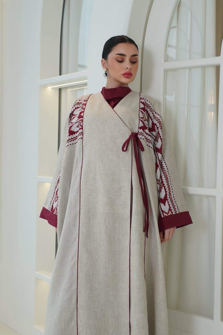 Beige linen abaya with embroidery. C:6757