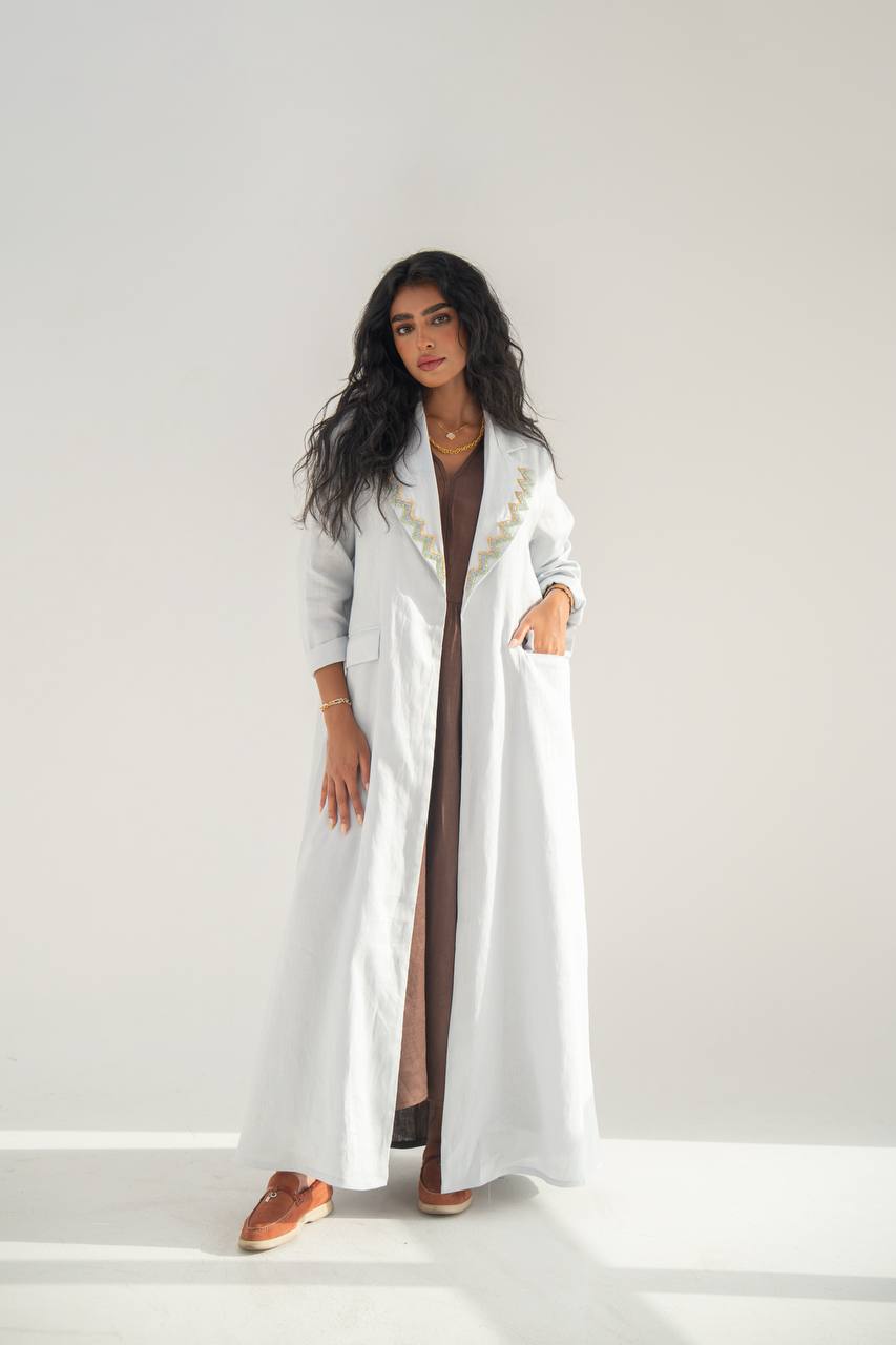 Linen blazer abaya, sky blue with hand embroidery C:6651