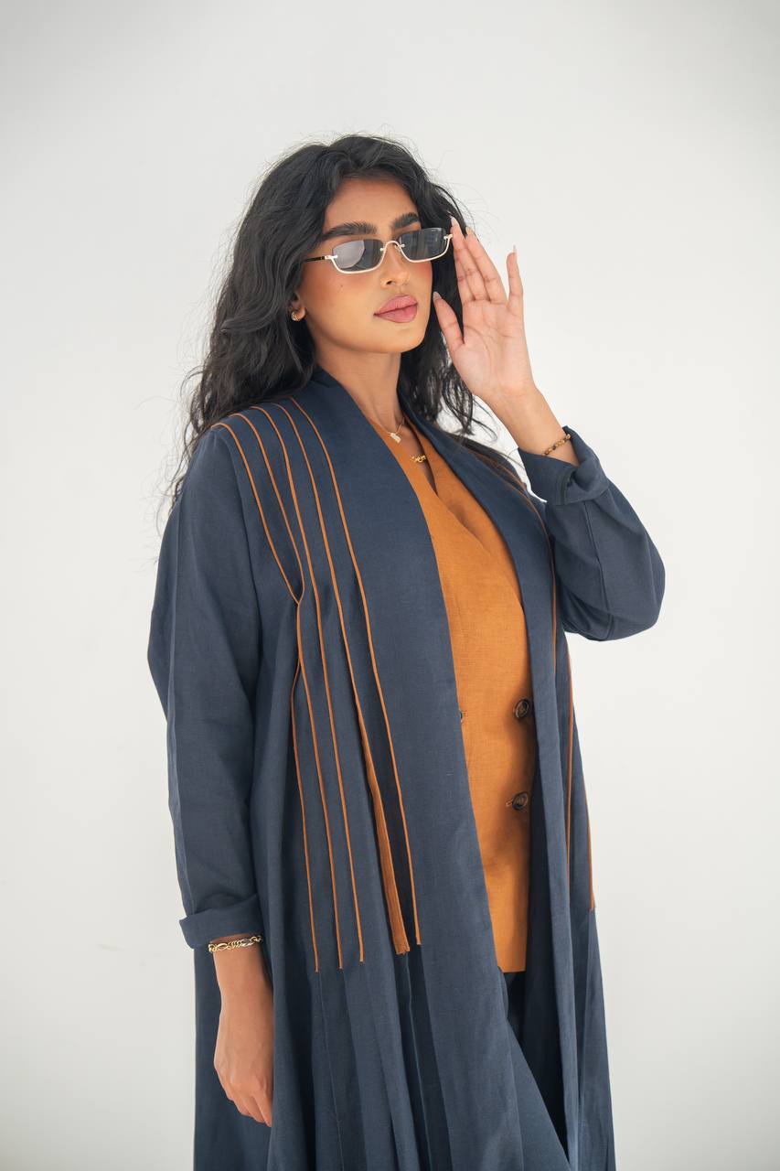 Navy blue linen abaya with inner set C:6637