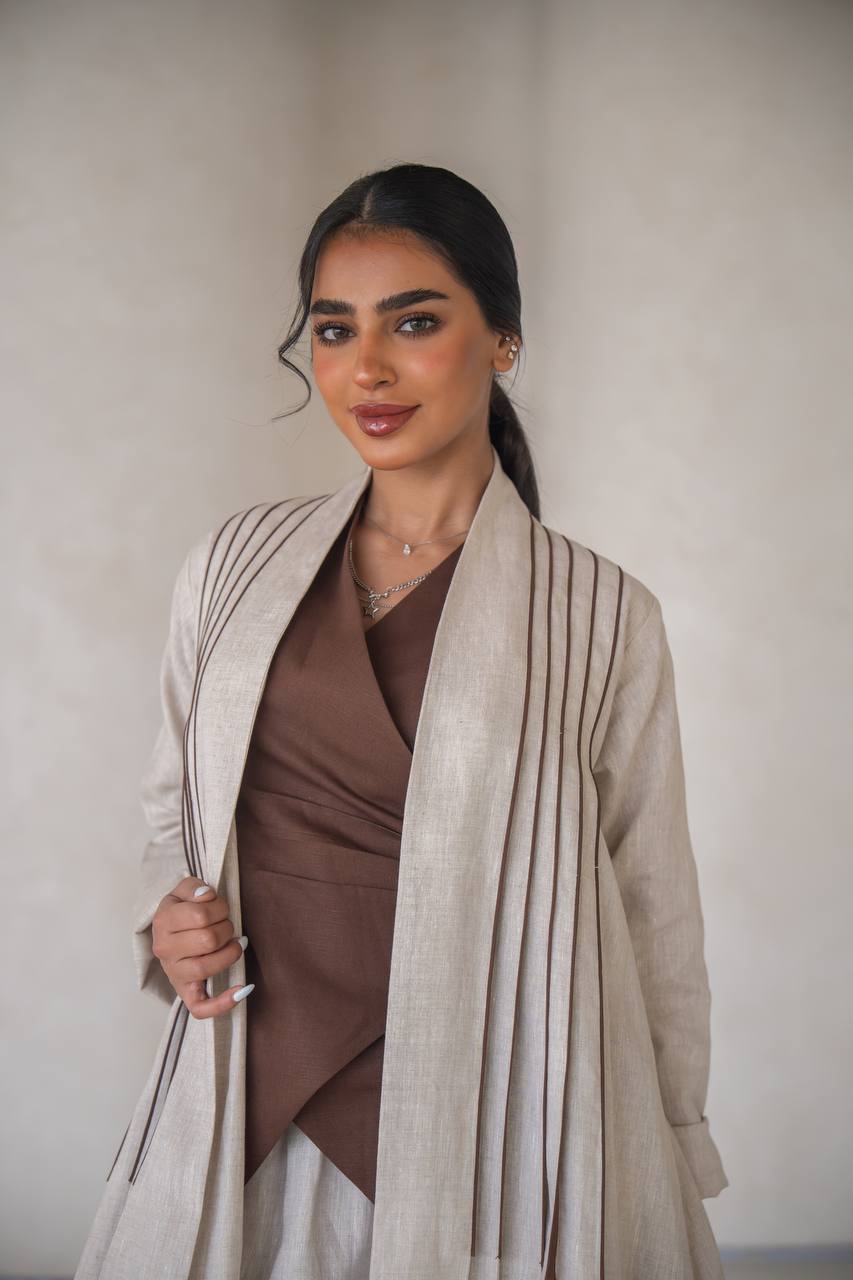 Abaya with a blouse and skirt made of natural linen C:6637 Beige