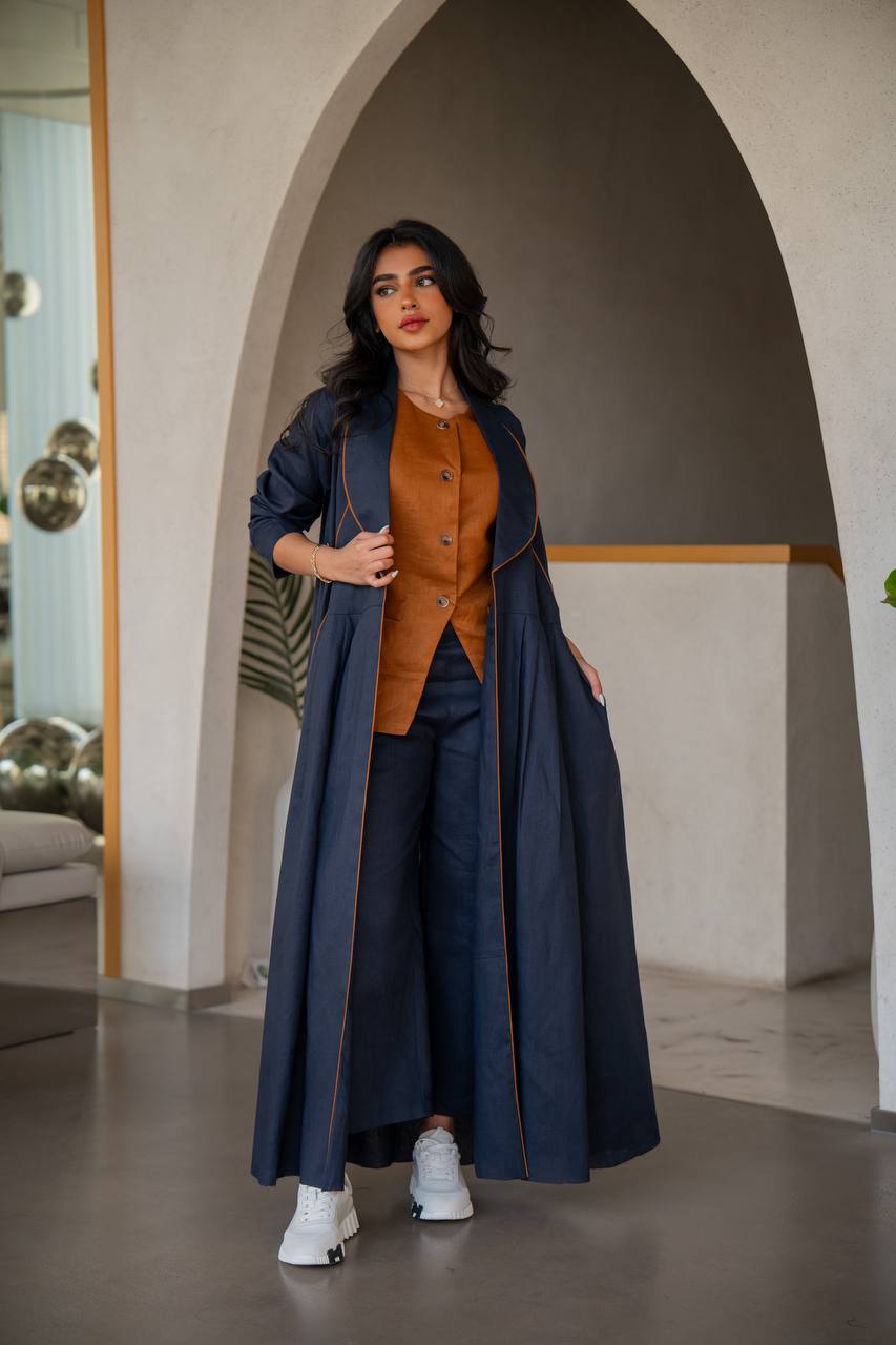 Navy blue linen abaya with inner set C:6633 Blue
